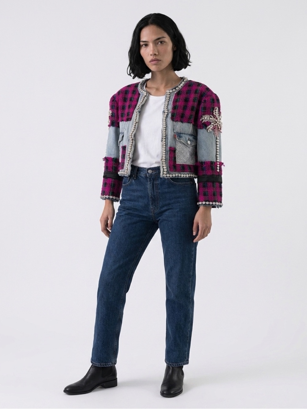 Levy’s Handmade Pink & Black Plaid Tweed and Light Blue Denim Embellished Jacket